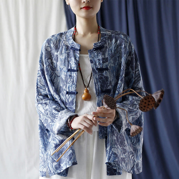 Buddha Stones Retro Blau Weiß Blumen Frosch-Knopf Design Langarm Ramie Leinen Jacke Hemd - image 19