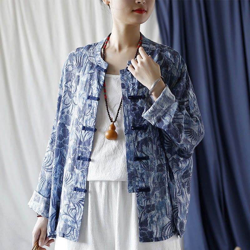 Buddha Stones Retro Blau Weiß Blumen Frosch-Knopf Design Langarm Ramie Leinen Jacke Hemd - image 18