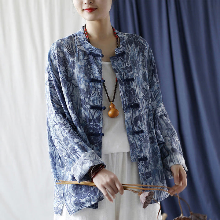 Buddha Stones Retro Blau Weiß Blumen Frosch-Knopf Design Langarm Ramie Leinen Jacke Hemd - image 22