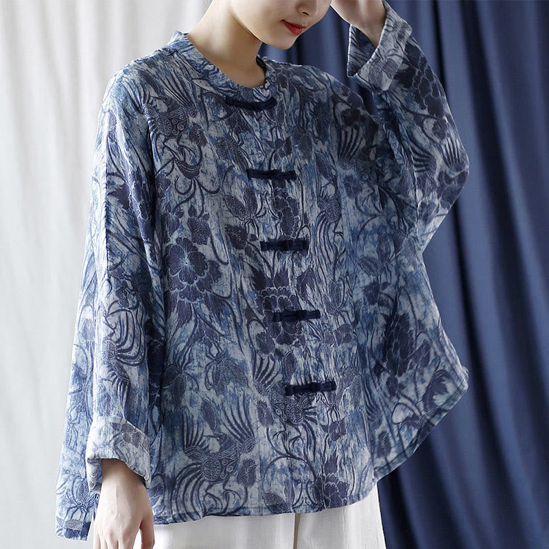 Buddha Stones Retro Blau Weiß Blumen Frosch-Knopf Design Langarm Ramie Leinen Jacke Hemd - image 23