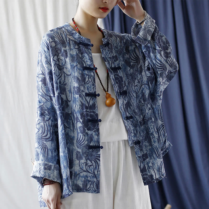 Buddha Stones Retro Blau Weiß Blumen Frosch-Knopf Design Langarm Ramie Leinen Jacke Hemd - image 21