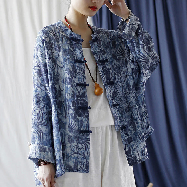 Buddha Stones Retro Blau Weiß Blumen Frosch-Knopf Design Langarm Ramie Leinen Jacke Hemd - image 21
