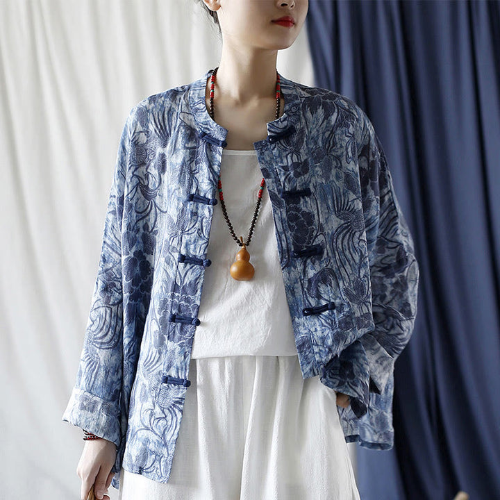 Buddha Stones Retro Blau Weiß Blumen Frosch-Knopf Design Langarm Ramie Leinen Jacke Hemd - image 24