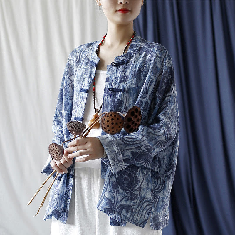Buddha Stones Retro Blau Weiß Blumen Frosch-Knopf Design Langarm Ramie Leinen Jacke Hemd - image 26
