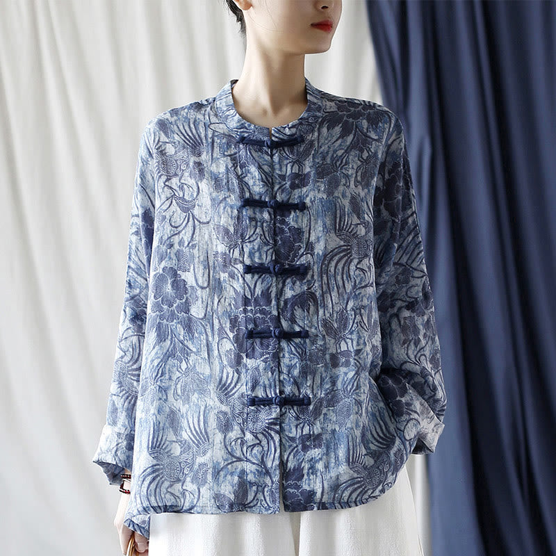 Buddha Stones Retro Blau Weiß Blumen Frosch-Knopf Design Langarm Ramie Leinen Jacke Hemd - image 28