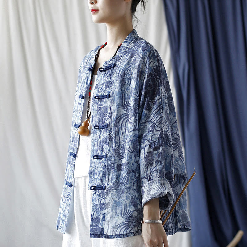 Buddha Stones Retro Blau Weiß Blumen Frosch-Knopf Design Langarm Ramie Leinen Jacke Hemd - image 4