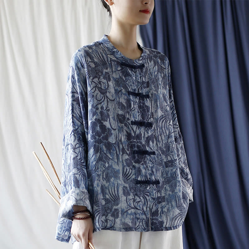 Buddha Stones Retro Blau Weiß Blumen Frosch-Knopf Design Langarm Ramie Leinen Jacke Hemd - image 6