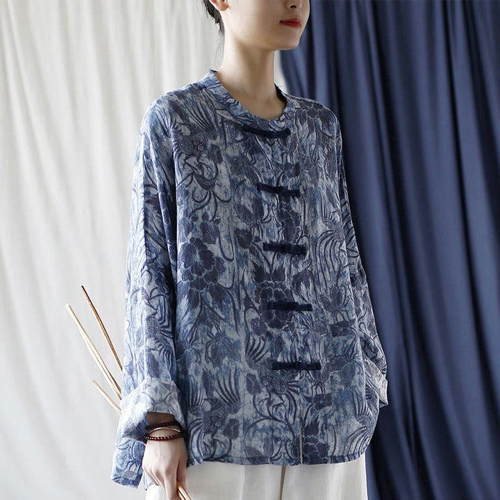 Buddha Stones Retro Blau Weiß Blumen Frosch-Knopf Design Langarm Ramie Leinen Jacke Hemd - image 6