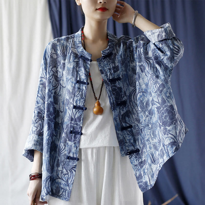 Buddha Stones Retro Blau Weiß Blumen Frosch-Knopf Design Langarm Ramie Leinen Jacke Hemd - image 5