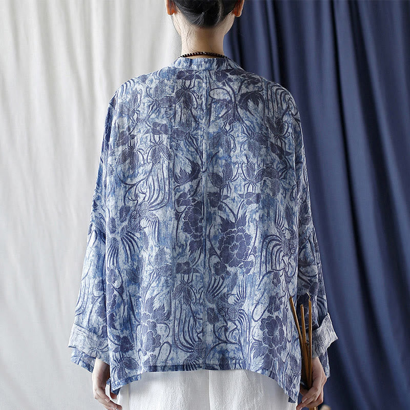Buddha Stones Retro Blau Weiß Blumen Frosch-Knopf Design Langarm Ramie Leinen Jacke Hemd - image 3