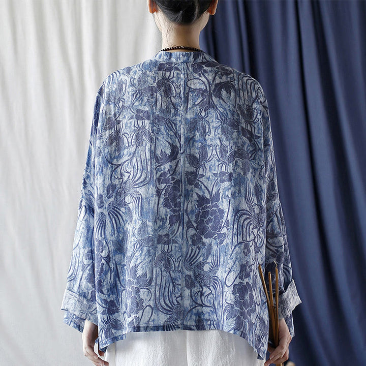 Buddha Stones Retro Blau Weiß Blumen Frosch-Knopf Design Langarm Ramie Leinen Jacke Hemd - image 3