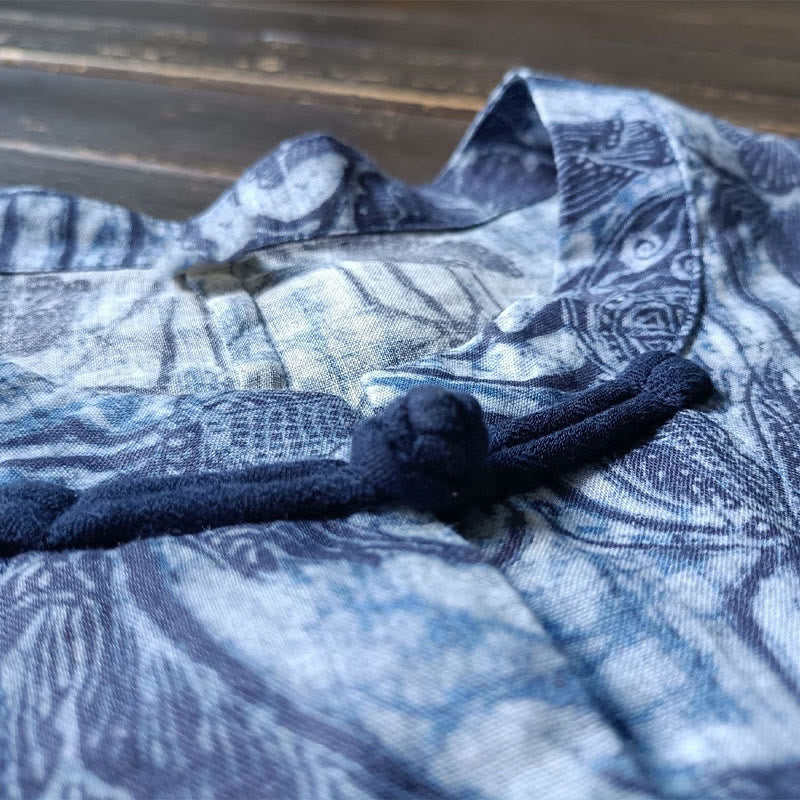 Buddha Stones Retro Blau Weiß Blumen Frosch-Knopf Design Langarm Ramie Leinen Jacke Hemd - image 8