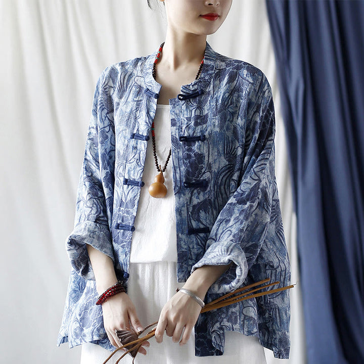 Buddha Stones Retro Blau Weiß Blumen Frosch-Knopf Design Langarm Ramie Leinen Jacke Hemd - image 27