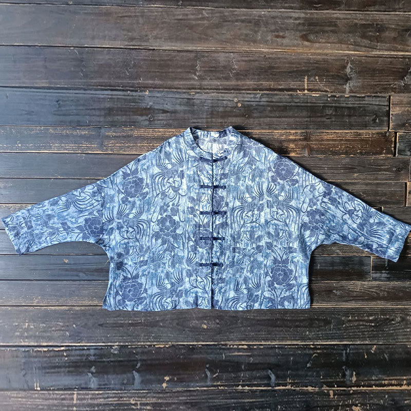 Buddha Stones Retro Blau Weiß Blumen Frosch-Knopf Design Langarm Ramie Leinen Jacke Hemd - image 14