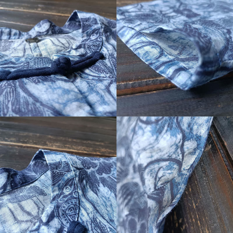 Buddha Stones Retro Blau Weiß Blumen Frosch-Knopf Design Langarm Ramie Leinen Jacke Hemd - image 7