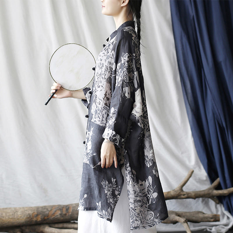 Buddha Stones Blau Weiß Blumen Frosch-Knopf Langarm Ramie Leinen Jacke Hemd mit Taschen - image 6