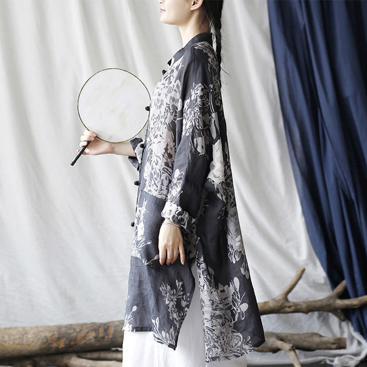 Buddha Stones Blau Weiß Blumen Frosch-Knopf Langarm Ramie Leinen Jacke Hemd mit Taschen - image 6