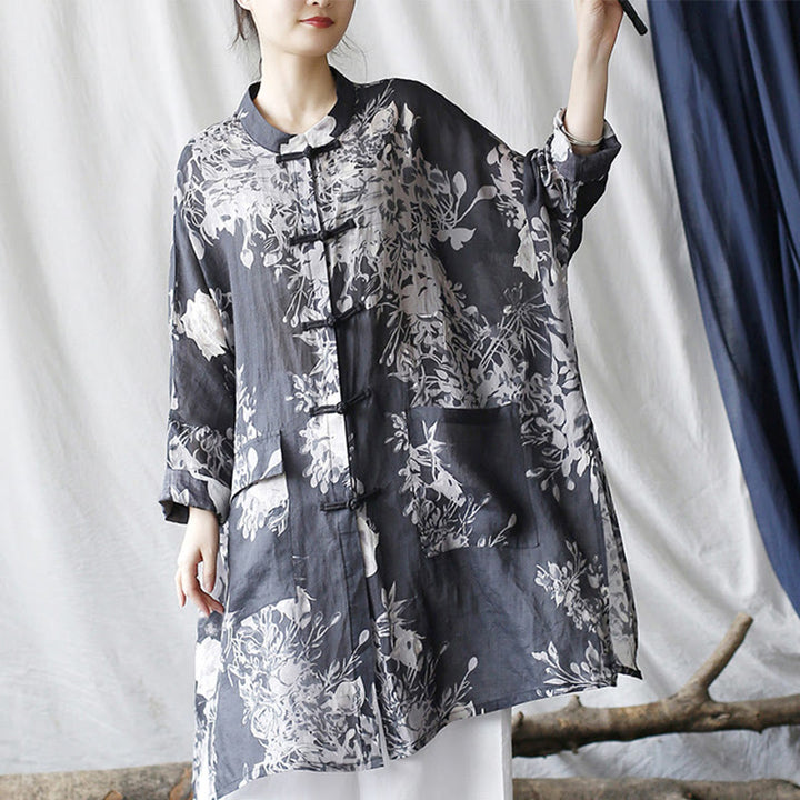 Buddha Stones Blau Weiß Blumen Frosch-Knopf Langarm Ramie Leinen Jacke Hemd mit Taschen - image 9