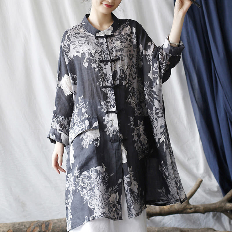 Buddha Stones Blau Weiß Blumen Frosch-Knopf Langarm Ramie Leinen Jacke Hemd mit Taschen - image 1