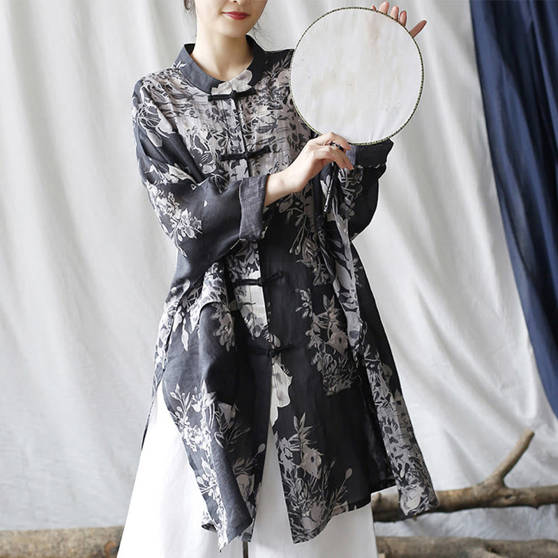 Buddha Stones Blau Weiß Blumen Frosch-Knopf Langarm Ramie Leinen Jacke Hemd mit Taschen - image 8