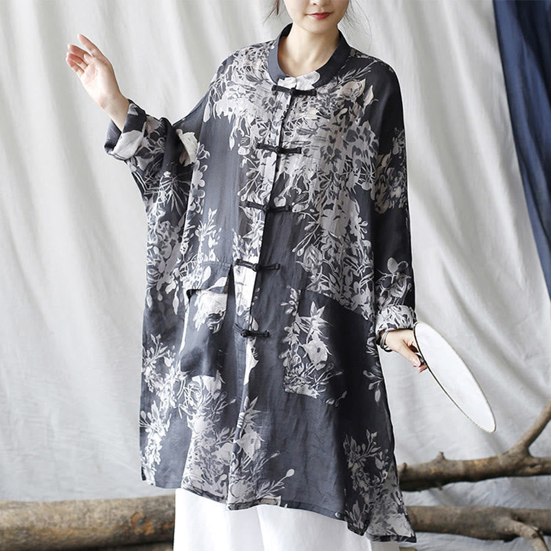 Buddha Stones Blau Weiß Blumen Frosch-Knopf Langarm Ramie Leinen Jacke Hemd mit Taschen - image 7