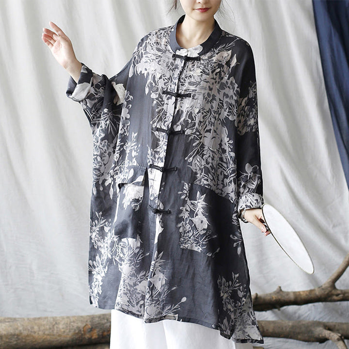 Buddha Stones Blau Weiß Blumen Frosch-Knopf Langarm Ramie Leinen Jacke Hemd mit Taschen - image 7