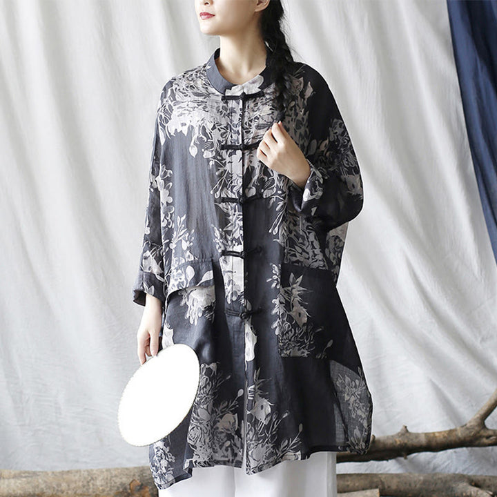 Buddha Stones Blau Weiß Blumen Frosch-Knopf Langarm Ramie Leinen Jacke Hemd mit Taschen - image 11