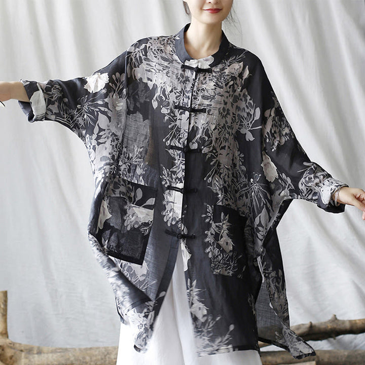 Buddha Stones Blau Weiß Blumen Frosch-Knopf Langarm Ramie Leinen Jacke Hemd mit Taschen - image 5