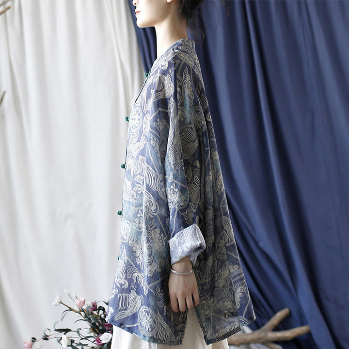 Buddha Steine ​​Vögel Blumen Geometrie Frosch-Knopf Langarm Ramie Leinen Jacke Hemd - image 2
