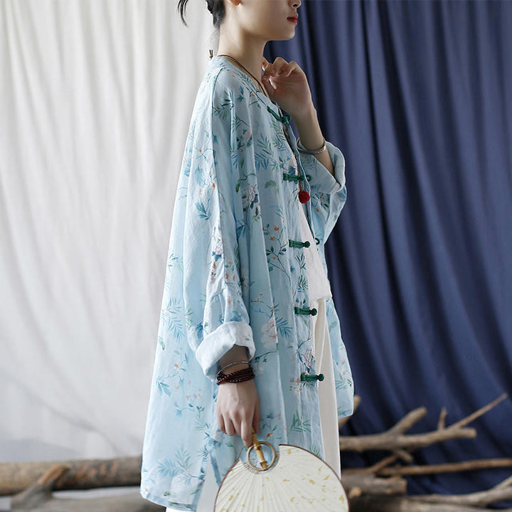 Buddha-Steine, hellgrün, rosa Blumen, grüne Blätter, Froschknopf, langärmeliges Ramie-Leinen-Jackenhemd - image 5