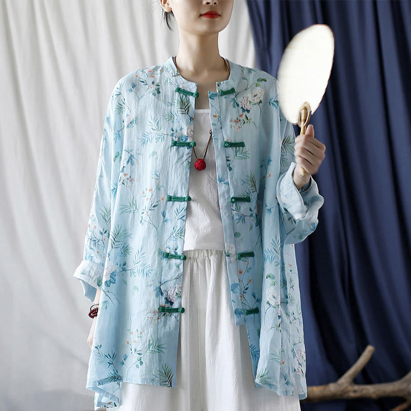 Buddha-Steine, hellgrün, rosa Blumen, grüne Blätter, Froschknopf, langärmeliges Ramie-Leinen-Jackenhemd - image 26