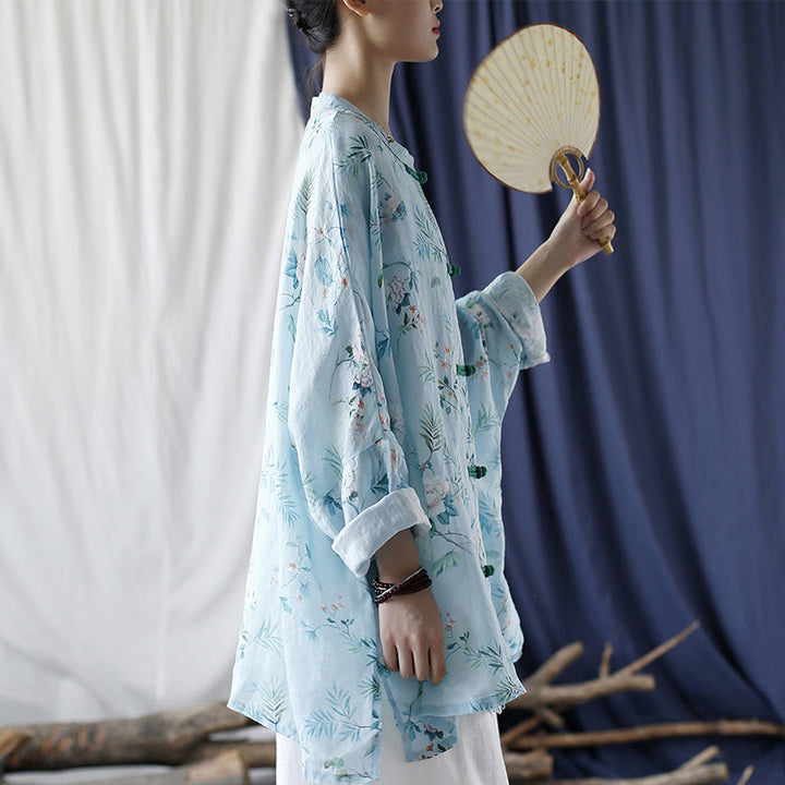 Buddha-Steine, hellgrün, rosa Blumen, grüne Blätter, Froschknopf, langärmeliges Ramie-Leinen-Jackenhemd - image 2