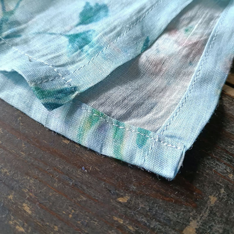 Buddha-Steine, hellgrün, rosa Blumen, grüne Blätter, Froschknopf, langärmeliges Ramie-Leinen-Jackenhemd - image 15