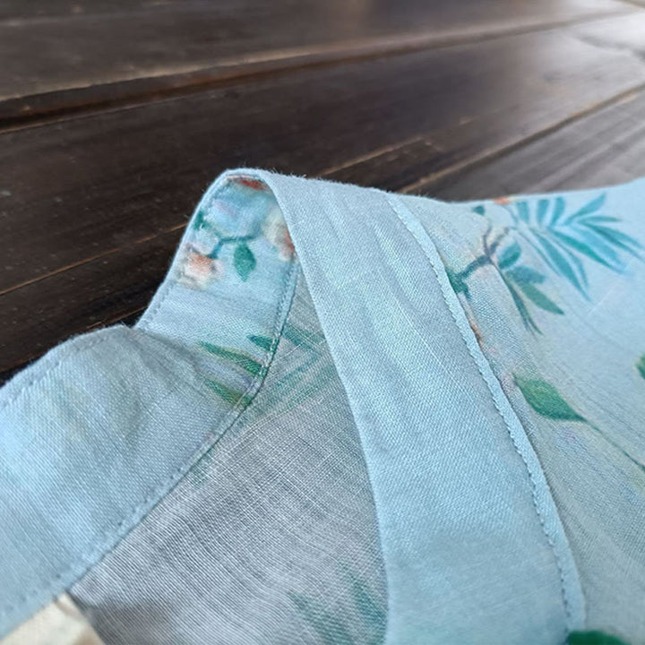 Buddha-Steine, hellgrün, rosa Blumen, grüne Blätter, Froschknopf, langärmeliges Ramie-Leinen-Jackenhemd - image 11