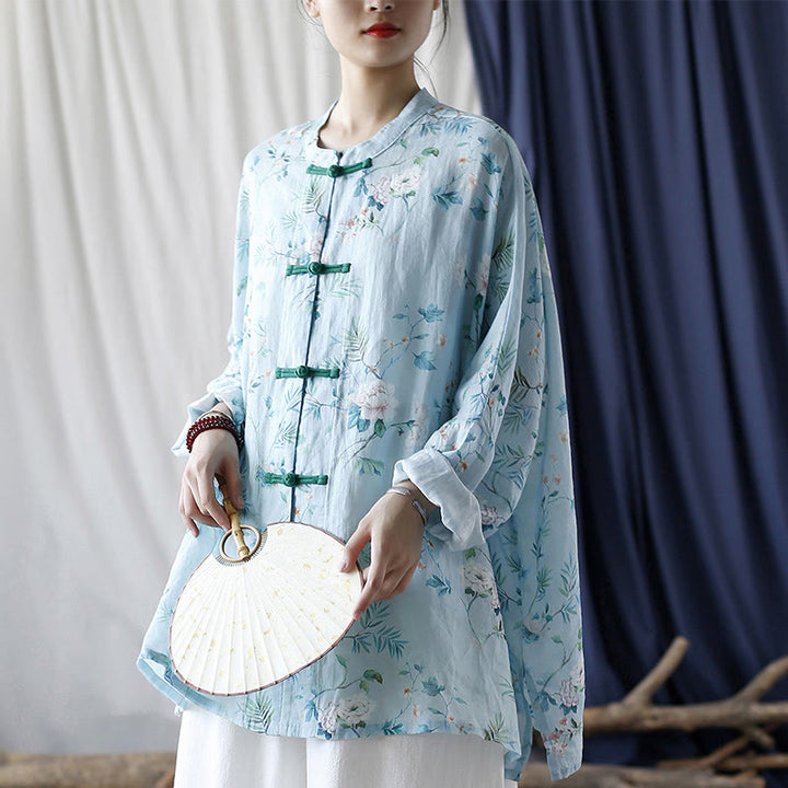 Buddha-Steine, hellgrün, rosa Blumen, grüne Blätter, Froschknopf, langärmeliges Ramie-Leinen-Jackenhemd - image 29