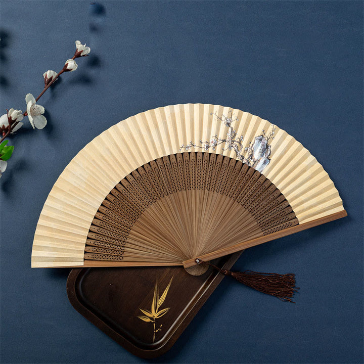 Handfächer aus Bambus mit Buddha-Steinen, Lotus, Libelle, Wildgänsen, Pflaumenblüte, 22,5 cm - Pflaumenblüte 22,5 cm - Gewöhnliche Quaste - image 9