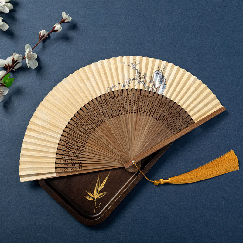 Handfächer aus Bambus mit Buddha-Steinen, Lotus, Libelle, Wildgänsen, Pflaumenblüte, 22,5 cm - Pflaumenblüte 22,5 cm - Spezielle Quaste - image 10
