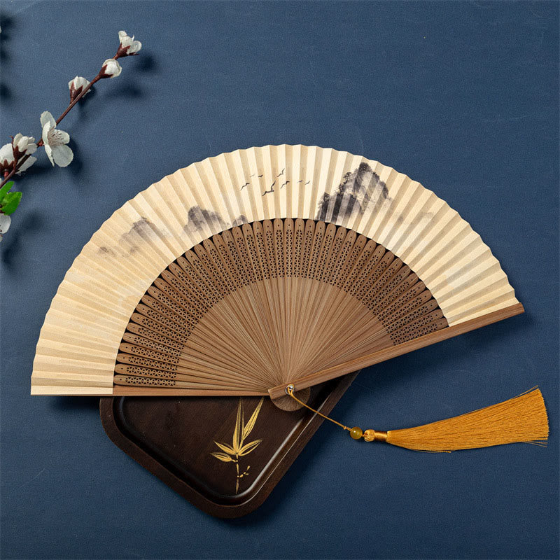Handfächer aus Bambus mit Buddha-Steinen, Lotus, Libelle, Wildgänsen, Pflaumenblüte, 22,5 cm - Wildgänse 22,5 cm - Spezielle Quaste - image 8