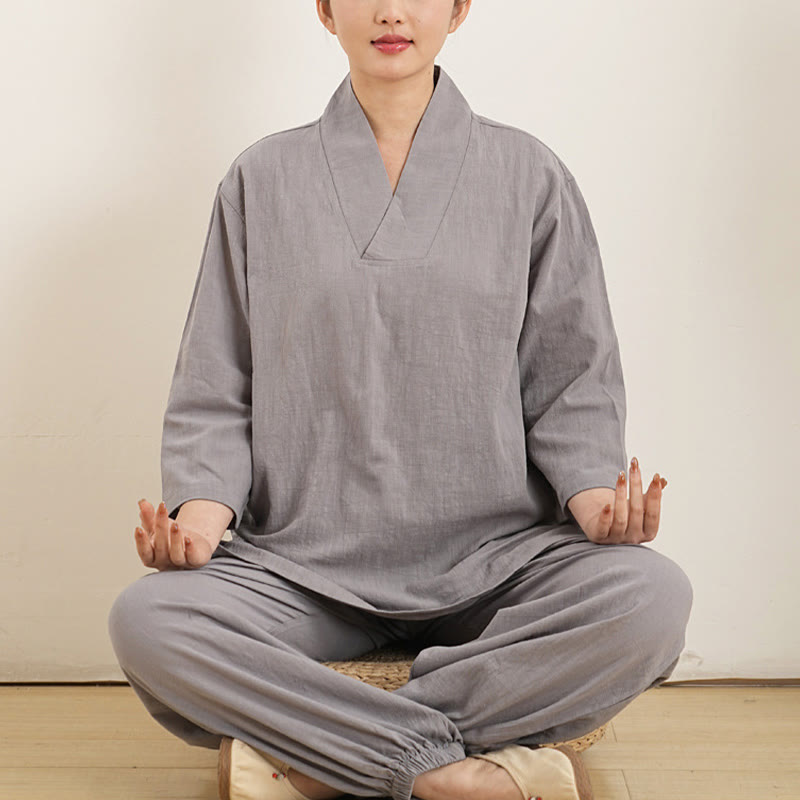 Buddha Stones ​​2-teiliges Set: V-Ausschnitt, Dreiviertelärmel, Oberteil und Hose für Meditation, Zen, Tai Chi – Damen - Grau (Oberteil & Hose) - US12, UK/AU16, EU44 (XL) - image 0