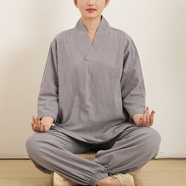 Buddha Stones ​​2-teiliges Set: V-Ausschnitt, Dreiviertelärmel, Oberteil und Hose für Meditation, Zen, Tai Chi – Damen - Grau (Oberteil & Hose) - US12, UK/AU16, EU44 (XL) - image 0