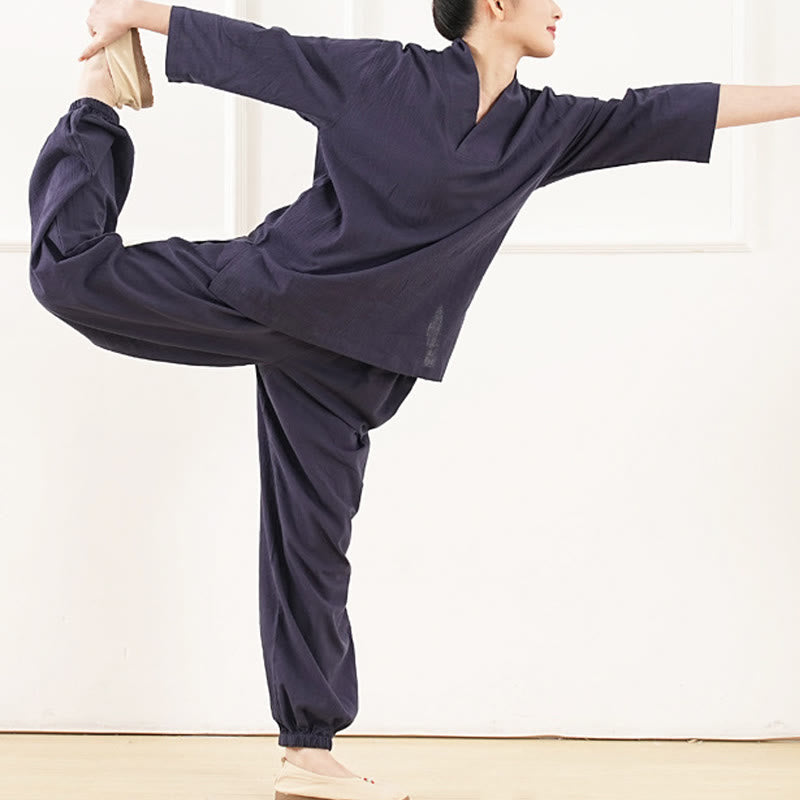 Buddha Stones 2-teiliges Set mit V-Ausschnitt, Dreiviertelärmeln, Hemd, Oberteil und Hose, Meditation, Zen, Tai Chi, Baumwoll-Leinen-Kleidung für Damen - image 13