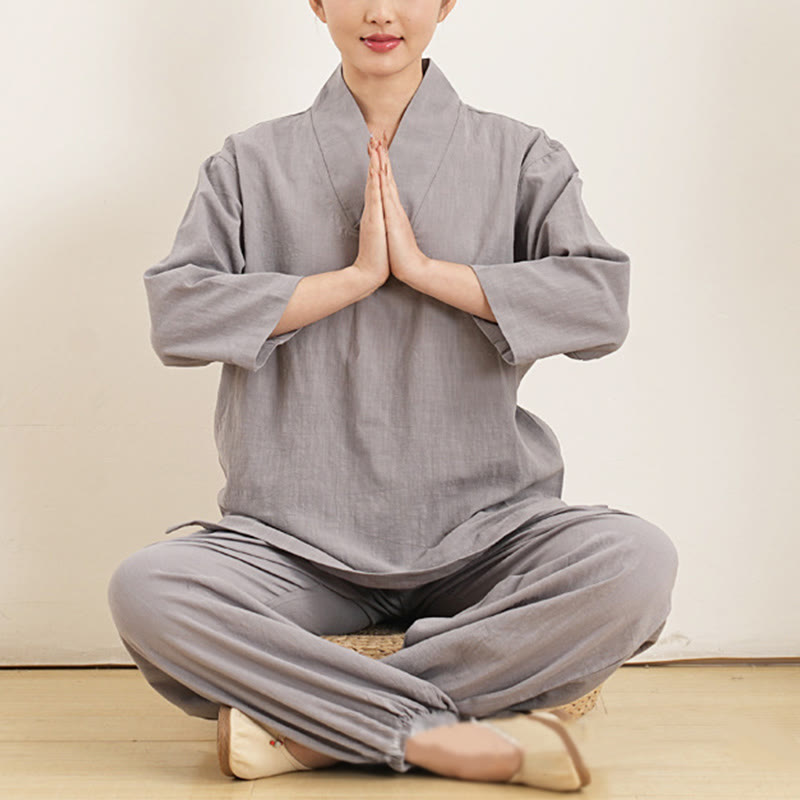 Buddha Stones 2-teiliges Set mit V-Ausschnitt, Dreiviertelärmeln, Hemd, Oberteil und Hose, Meditation, Zen, Tai Chi, Baumwoll-Leinen-Kleidung für Damen - image 6