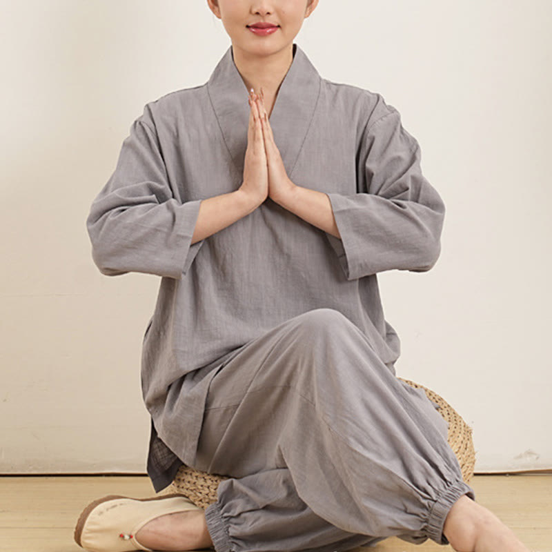 Buddha Stones 2-teiliges Set mit V-Ausschnitt, Dreiviertelärmeln, Hemd, Oberteil und Hose, Meditation, Zen, Tai Chi, Baumwoll-Leinen-Kleidung für Damen - image 1