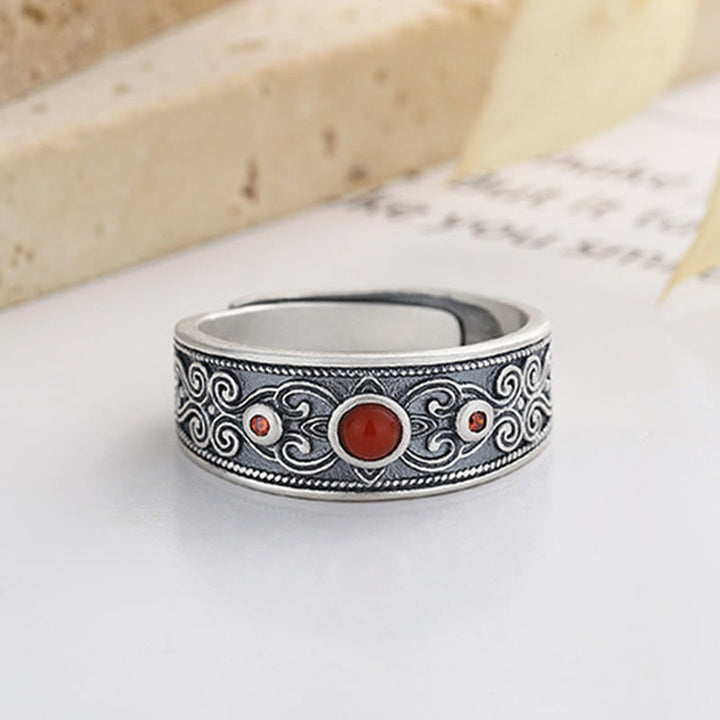 Ring mit Buddha-Steinen aus 925er Sterlingsilber mit eingebettetem rotem Achat und glückverheißenden Wolken für logisches Denken - image 5