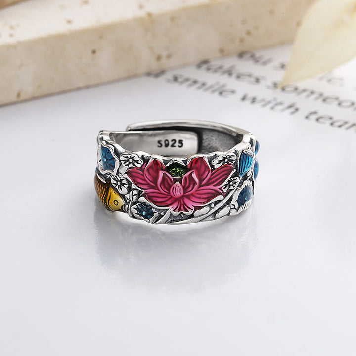 Buddha Stones 925 Sterling Silber Koi Fisch Lotusblume Wohlstandsring - image 2