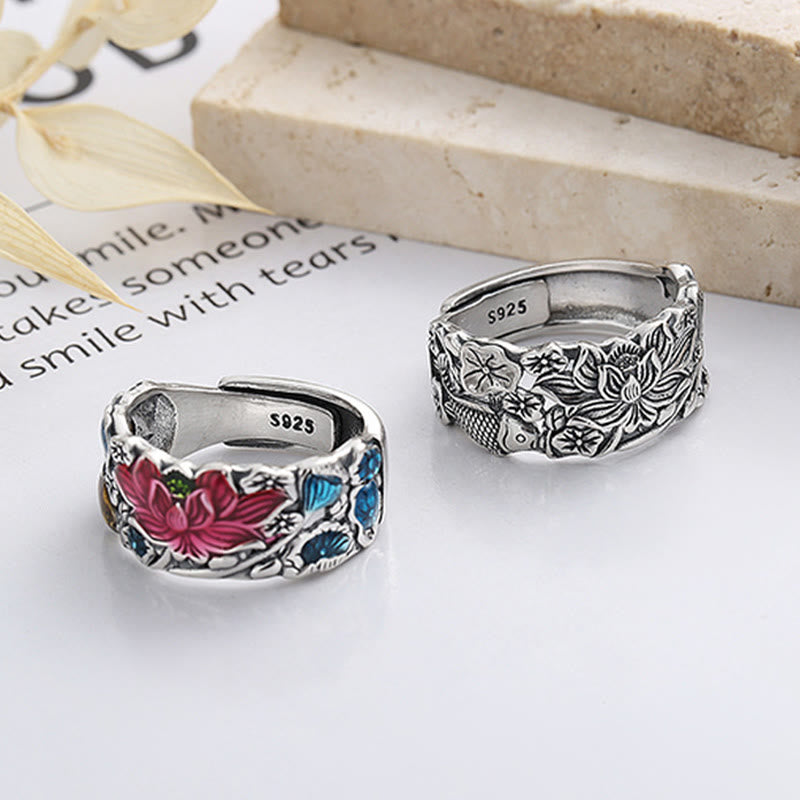 Buddha Stones 925 Sterling Silber Koi Fisch Lotusblume Wohlstandsring - image 1