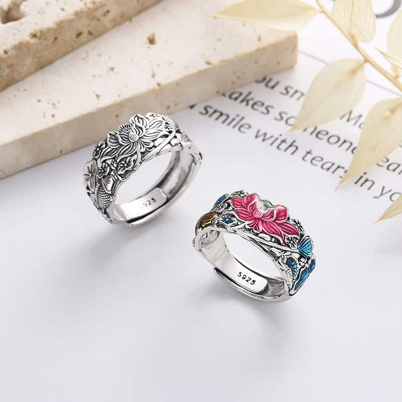 Buddha Stones 925 Sterling Silber Koi Fisch Lotusblume Wohlstandsring - image 0