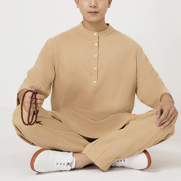 Buddha Stones 2-teiliges Set mit Knöpfen für Herren, Dreiviertelärmel, Hemd, Oberteil und Hose, Meditation, Zen, Tai Chi, Baumwoll-Leinen - Braun (Oberteil und Hose) - US/ UK/AU40，EU50 (2XL) - image 13