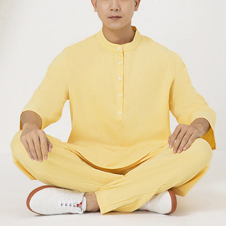 Buddha Stones 2-teiliges Set mit Knöpfen für Herren, Dreiviertelärmel, Hemd, Oberteil und Hose, Meditation, Zen, Tai Chi, Baumwoll-Leinen - image 11