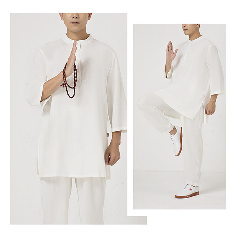 Buddha Stones 2-teiliges Set mit Knöpfen für Herren, Dreiviertelärmel, Hemd, Oberteil und Hose, Meditation, Zen, Tai Chi, Baumwoll-Leinen - image 4